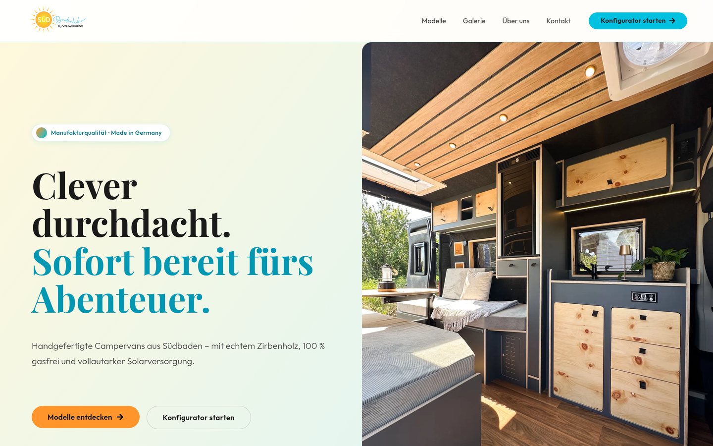 Startseite der neuen SüdBadenVan-Website mit der Überschrift Clever durchdacht, sofort bereit fürs Abenteuer