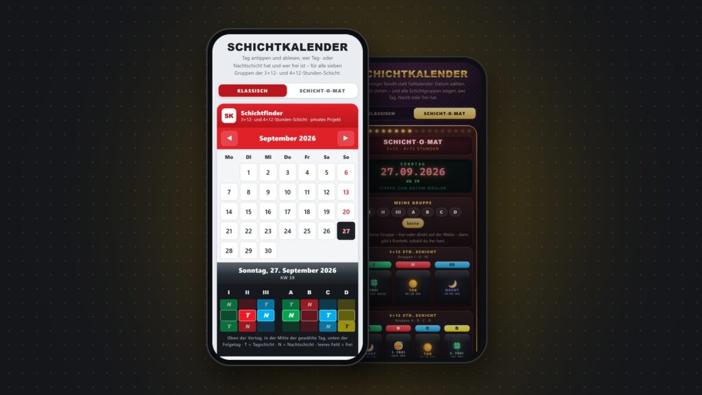 Die Schichtfinder-App auf zwei Handys: links der klassische Kalender, rechts der Schicht-O-Mat